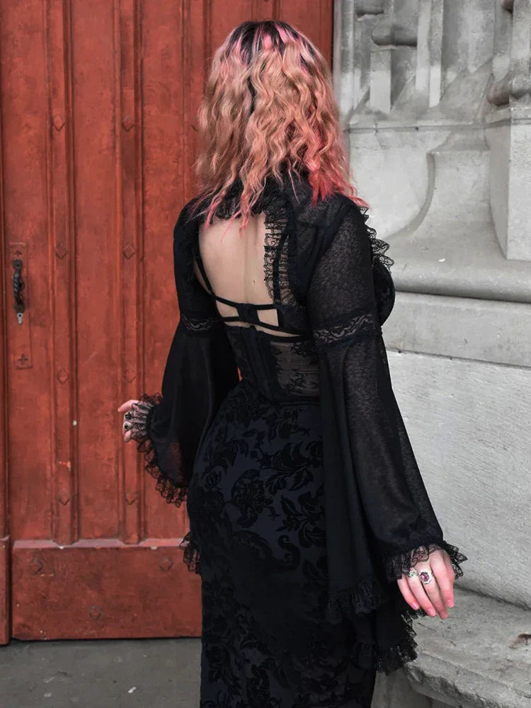 Velvet Corset Bandage Harajuku Club Midi Mesh Street Gothic Lace Sling Print Dress