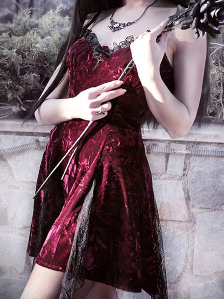 Y2K Mini High Grunge Lolita Dark Mesh Clubwear Sexy Velvet Slit Aesthetic Emo Gothic Vintage Waist Partywear Dress