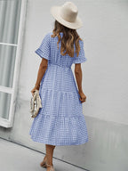 JuliaFashion - 2024 Vintage Plaid Slim Ruffles High Waist Midi Sundress