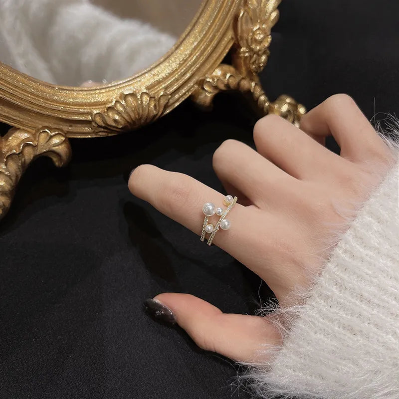 JuliaFashion-Exquisite Double-deck Pearl Adjustable Ring