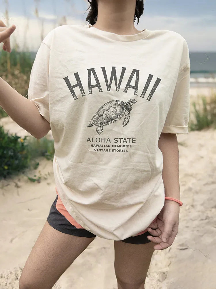 JuliaFashion-Malibu Catch Wave Sea Turtle Printed Womans Tee Clothing Vintage Casual Crewneck Tops Fashion Personality Street Female T-Shirts