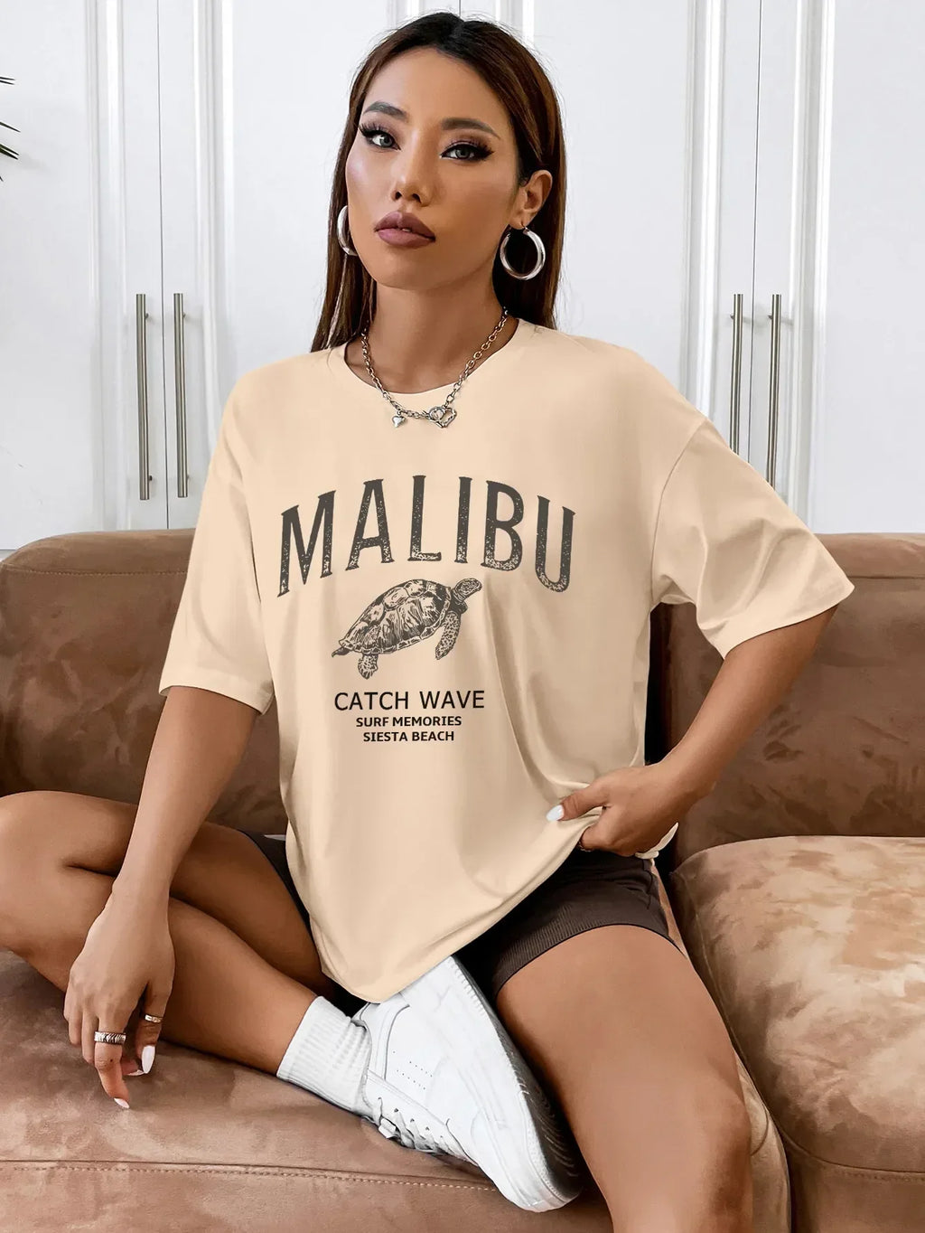 JuliaFashion-Malibu Catch Wave Sea Turtle Printed Womans Tee Clothing Vintage Casual Crewneck Tops Fashion Personality Street Female T-Shirts