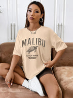 JuliaFashion-Malibu Catch Wave Sea Turtle Printed Womans Tee Clothing Vintage Casual Crewneck Tops Fashion Personality Street Female T-Shirts