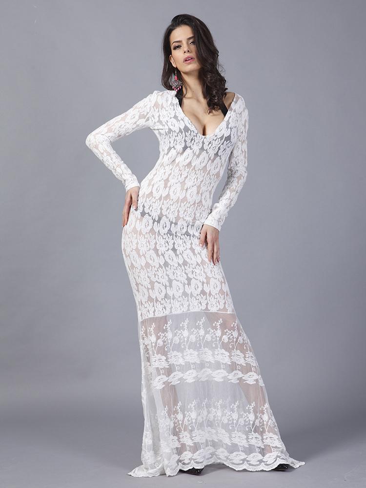 JuliaFashion-Margie Crochet Lace Sheer Bodycon Maxi Dress