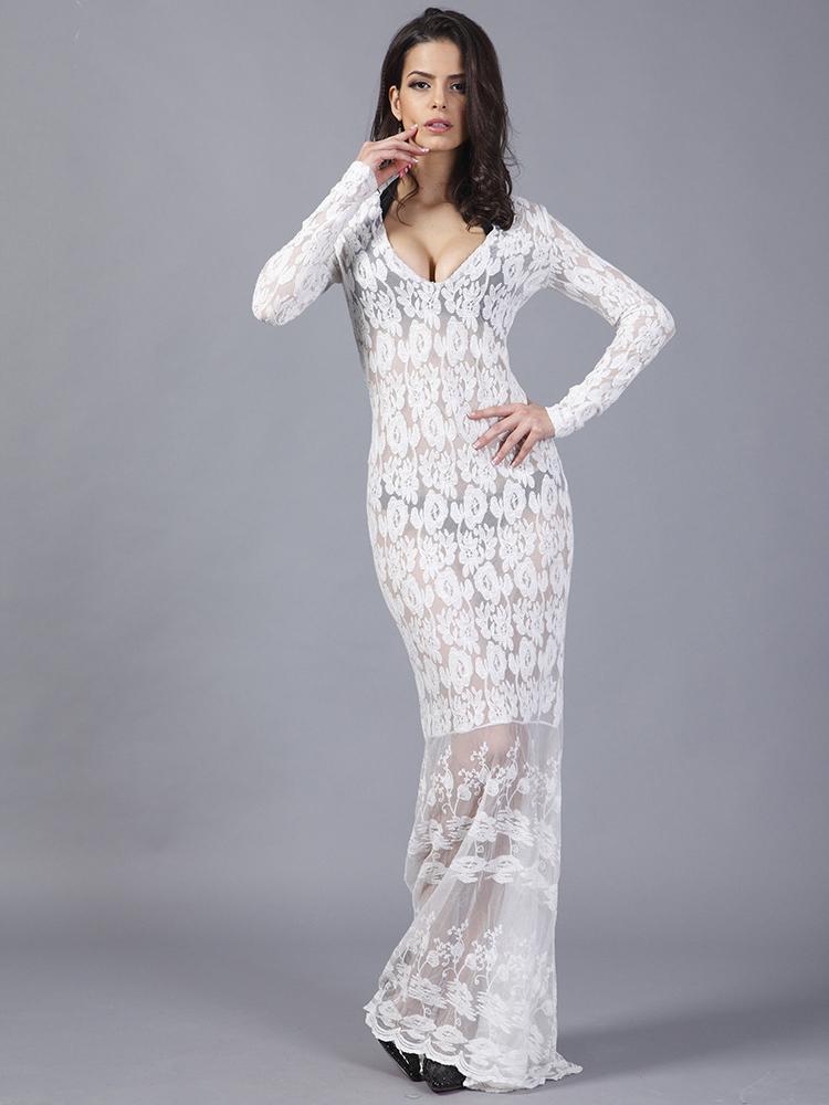 JuliaFashion-Margie Crochet Lace Sheer Bodycon Maxi Dress