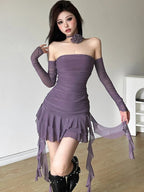 Mesh Ruffled Strapless Mini Dress