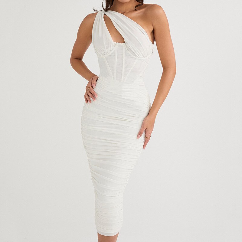JuliaFashion - Ruched One Shoulder Bodycon Evening Cutout Dress