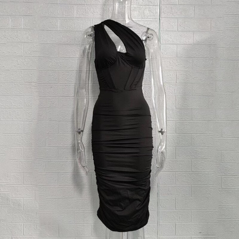 JuliaFashion - Ruched One Shoulder Bodycon Evening Cutout Dress