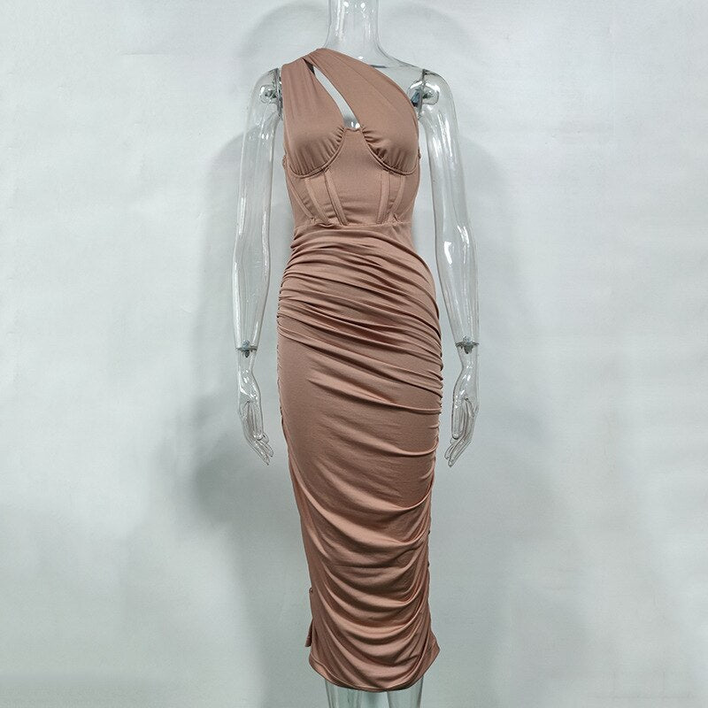 JuliaFashion - Ruched One Shoulder Bodycon Evening Cutout Dress