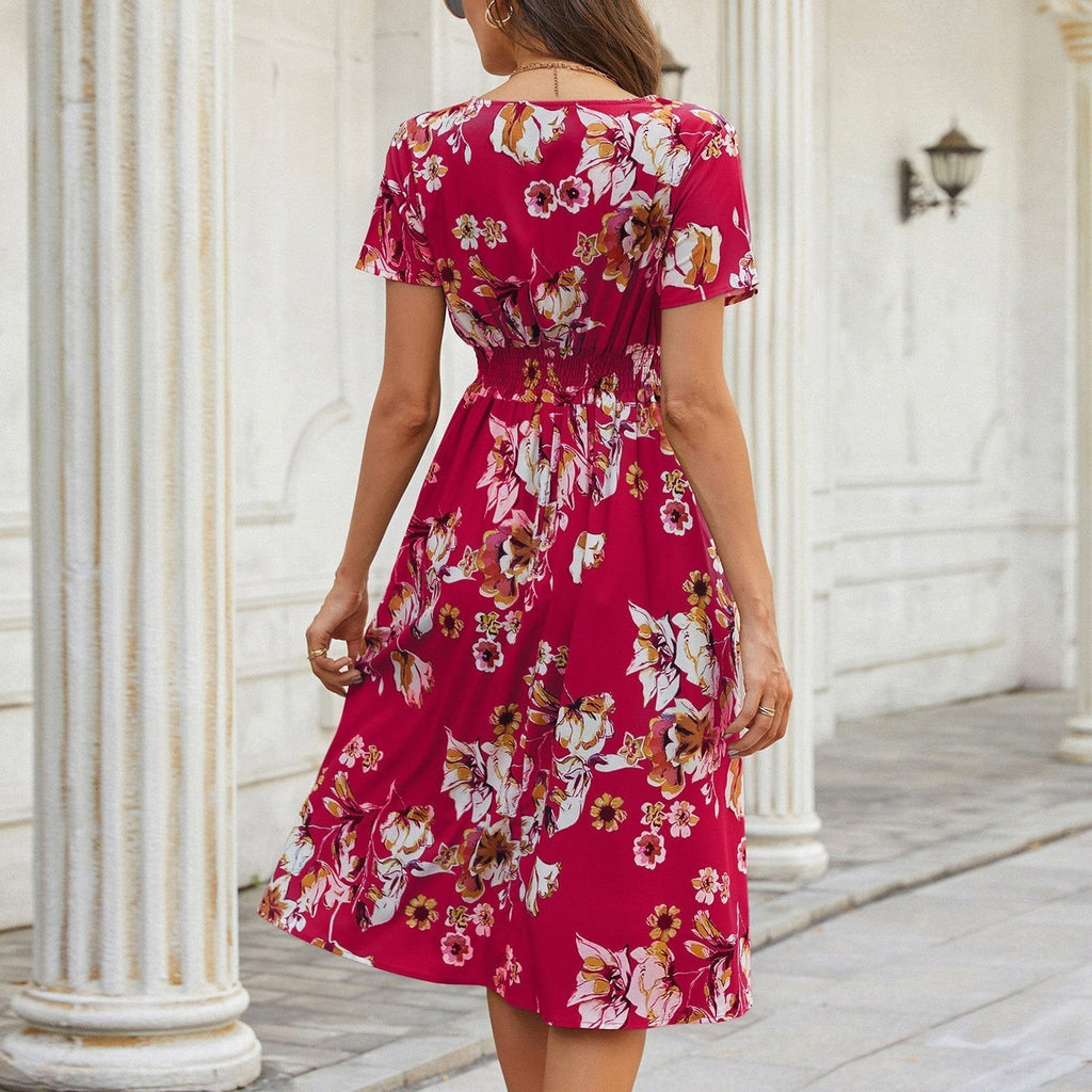 JuliaFashion-Floral Printed Elastic Waist Midi Dress