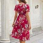 JuliaFashion-Floral Printed Elastic Waist Midi Dress