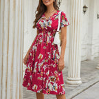 JuliaFashion-Floral Printed Elastic Waist Midi Dress