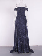 JuliaFashion-Navy Off The Shoulder Bridesmaids Dress