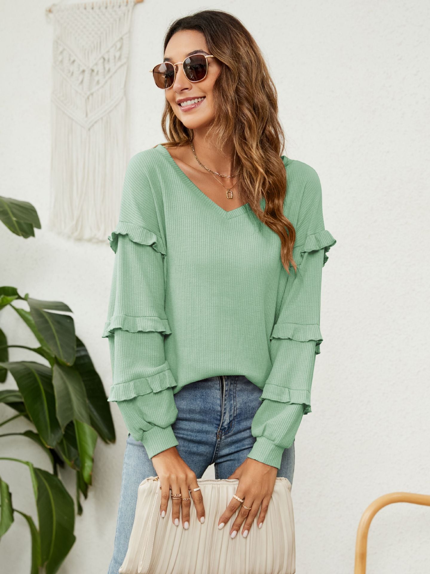 JuliaFashion - 2024 Waffle V-Neck Ruffled Lantern Sleeve Top
