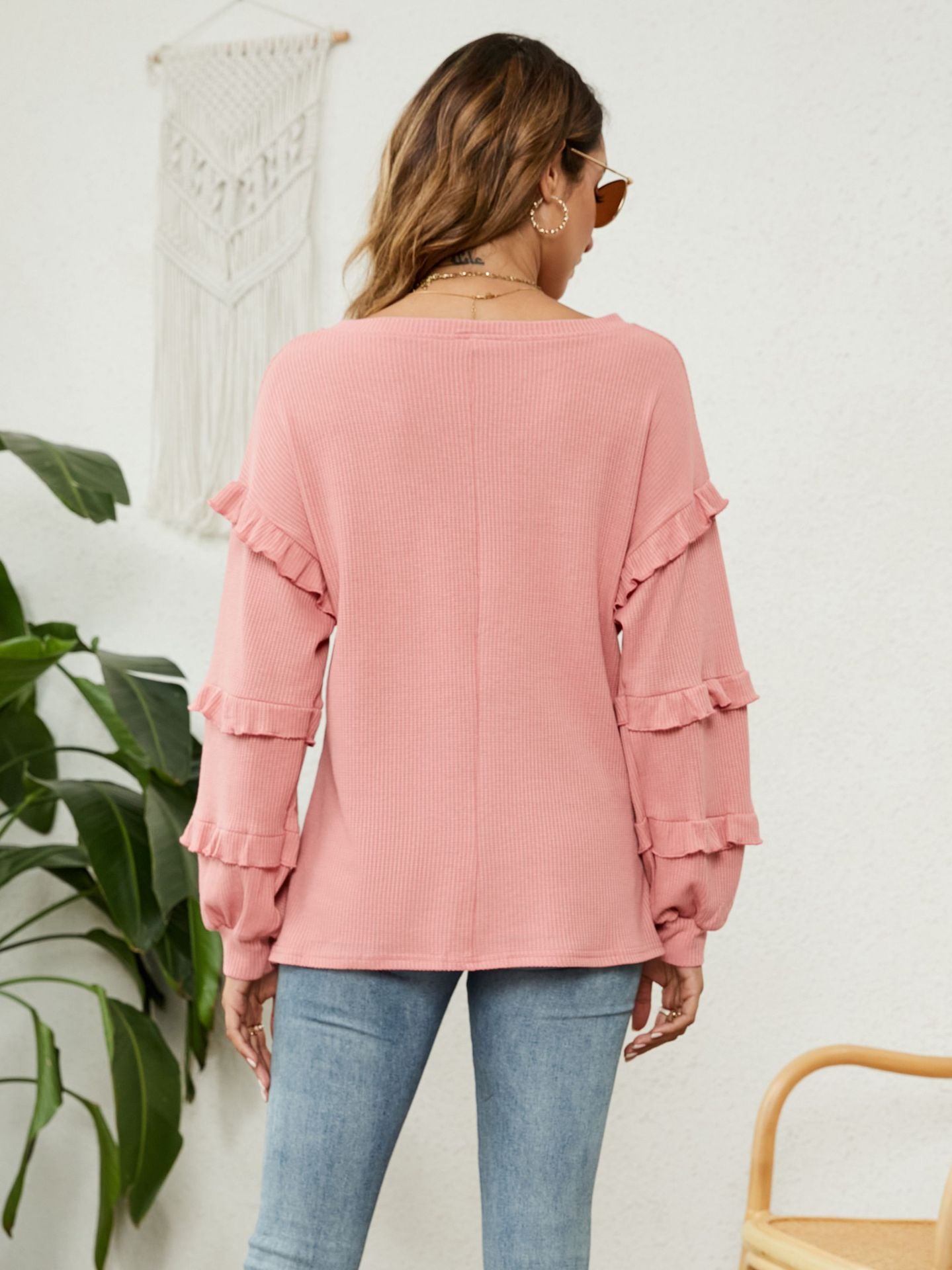 JuliaFashion - 2024 Waffle V-Neck Ruffled Lantern Sleeve Top