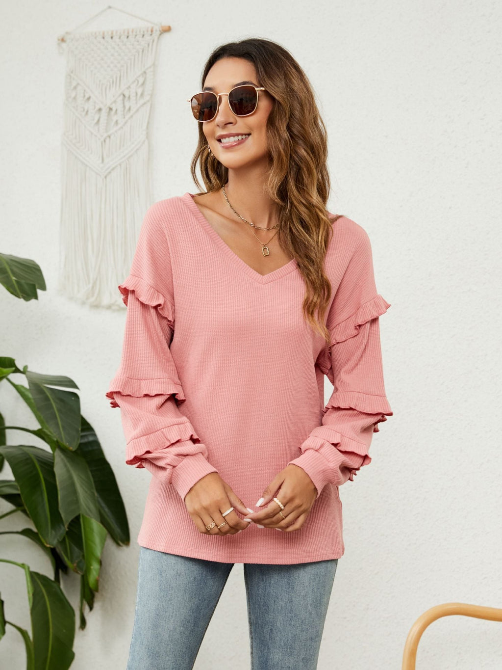 JuliaFashion - 2024 Waffle V-Neck Ruffled Lantern Sleeve Top