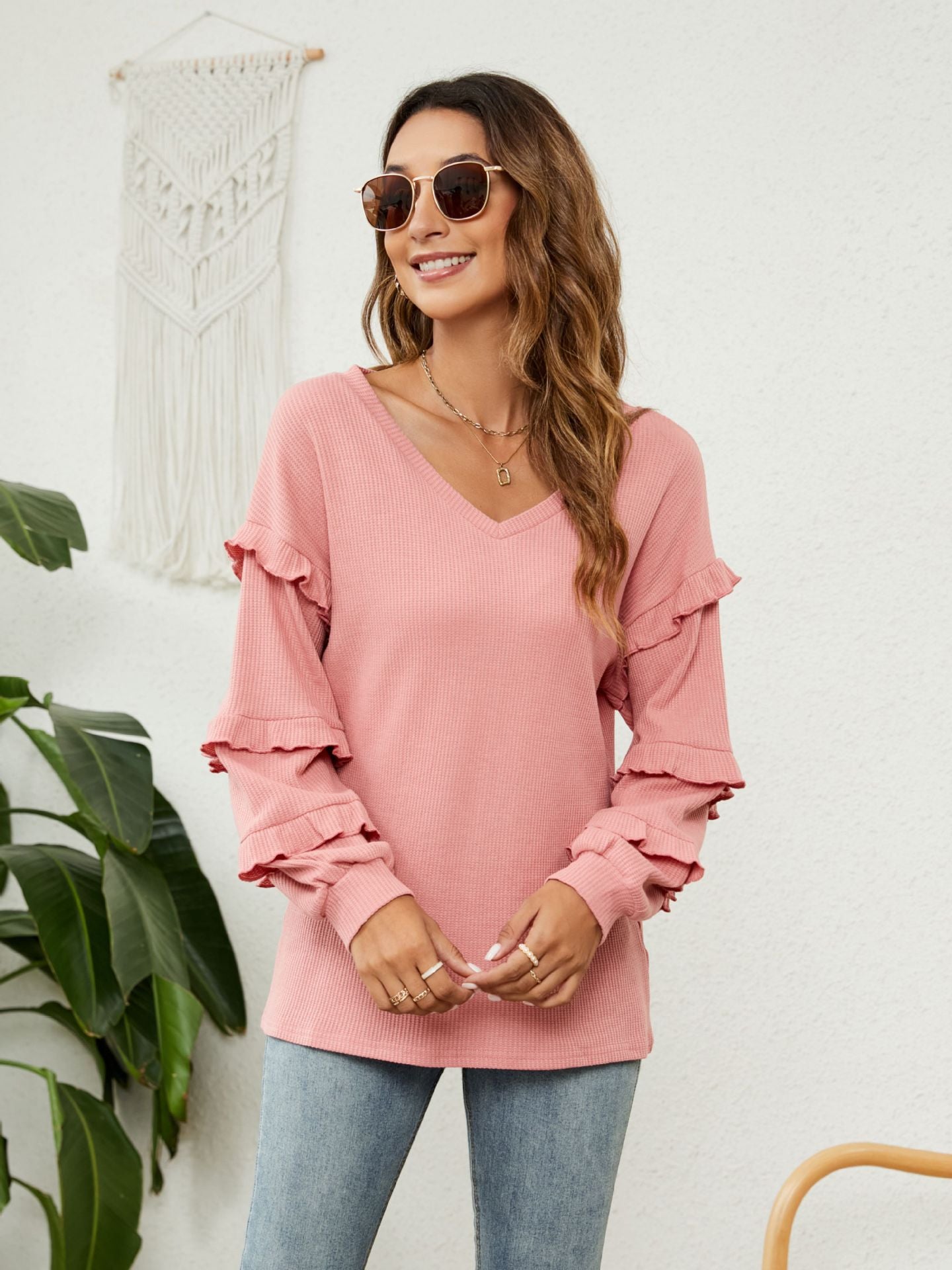 JuliaFashion - 2024 Waffle V-Neck Ruffled Lantern Sleeve Top