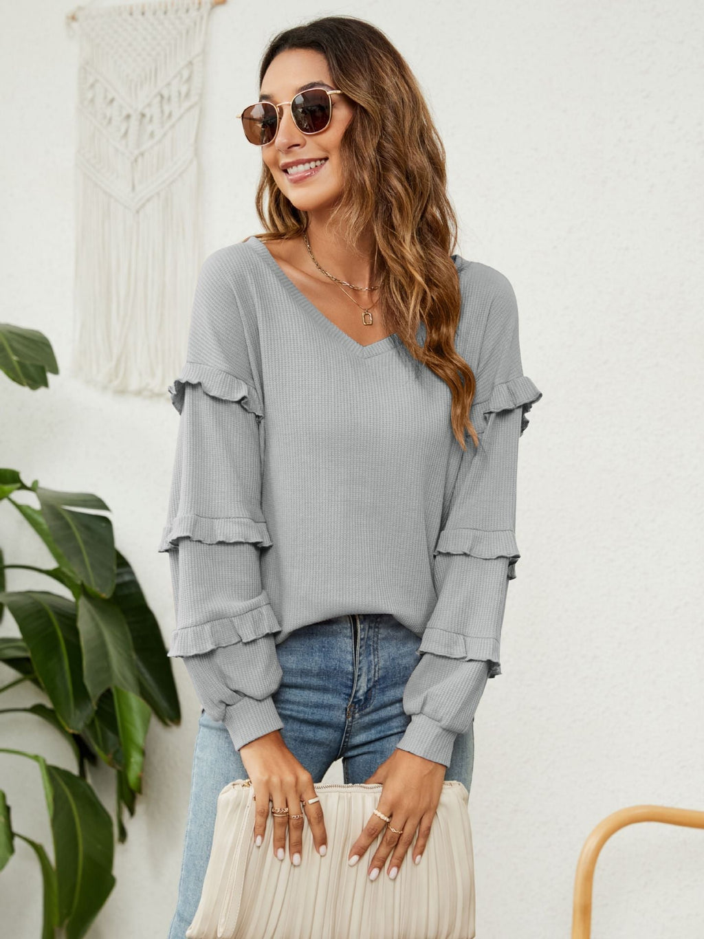 JuliaFashion - 2024 Waffle V-Neck Ruffled Lantern Sleeve Top