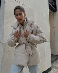 Tie Waist Cotton V-Neck Puffer Jacket S / Apricot