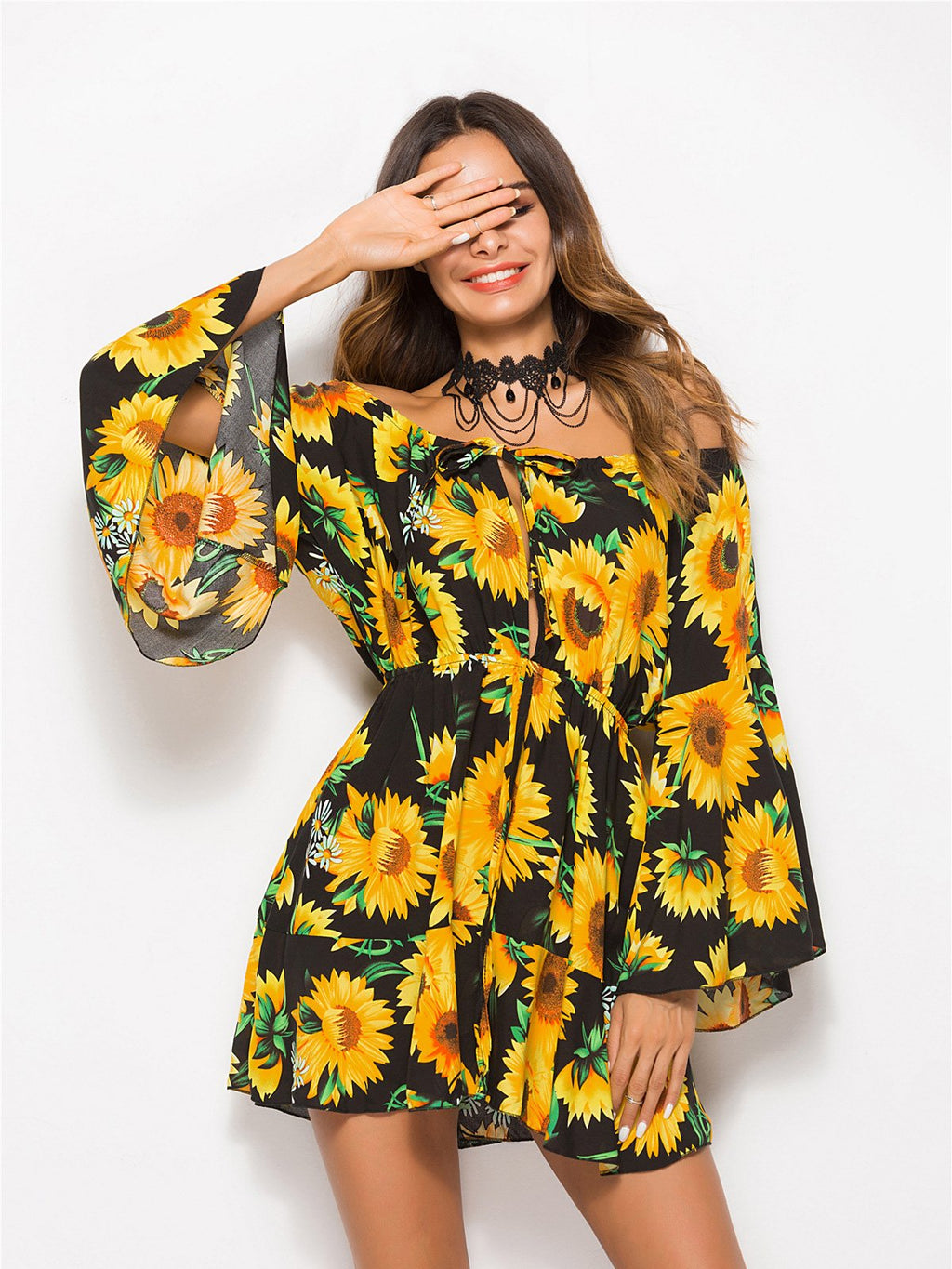 JuliaFashion-Floral Coast Sunflower Print Mini Dress