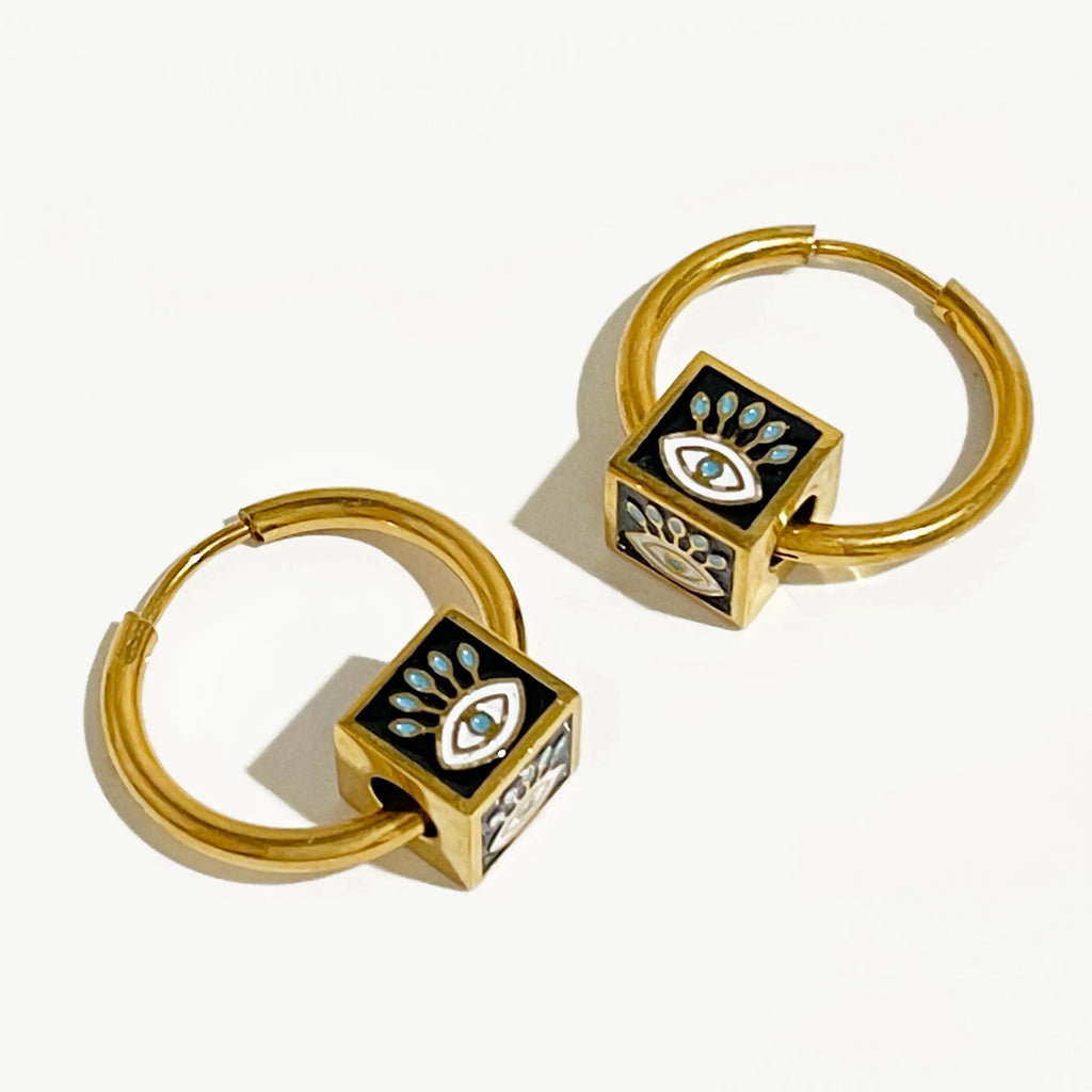 JuliaFashion-Multicolor Enamel Evil Eye Huggie Earrings
