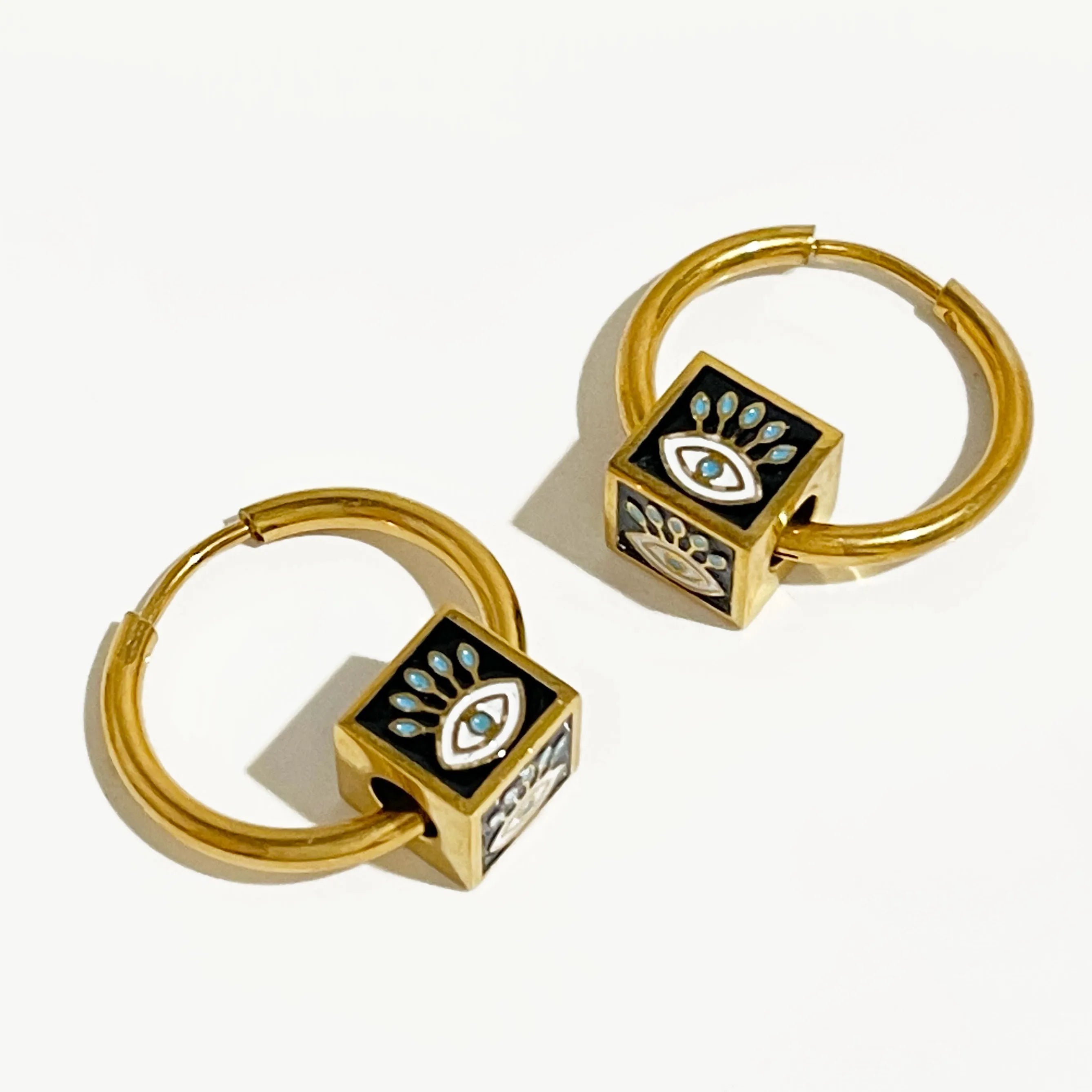 JuliaFashion-Multicolor Enamel Evil Eye Huggie Earrings