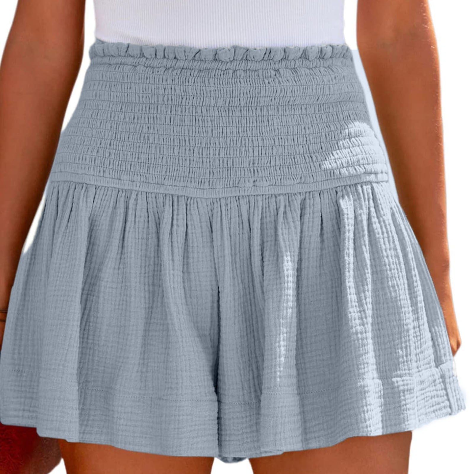JuliaFashion-Elastic Waist Cotton Pleated Ruffle Shorts