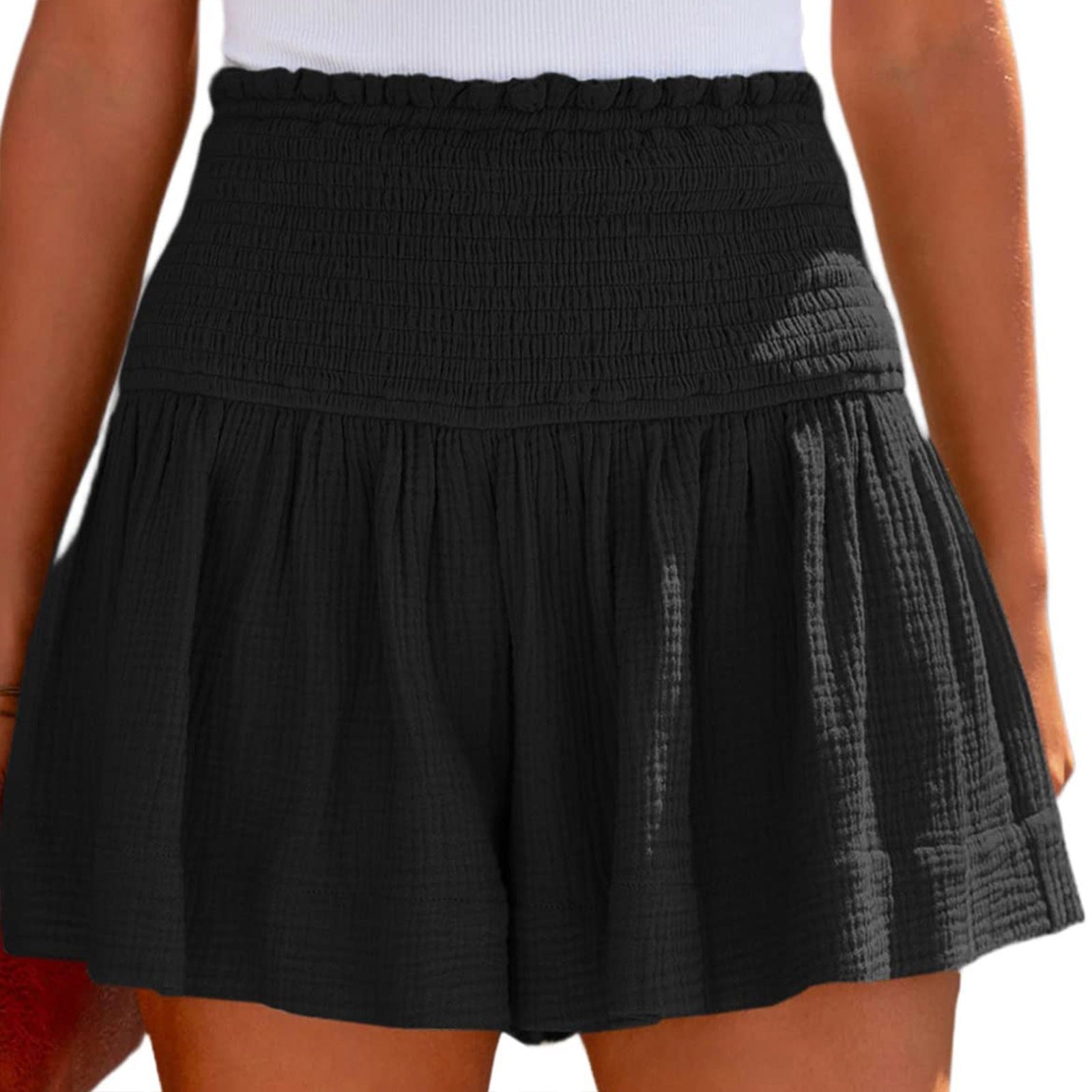 JuliaFashion-Elastic Waist Cotton Pleated Ruffle Shorts