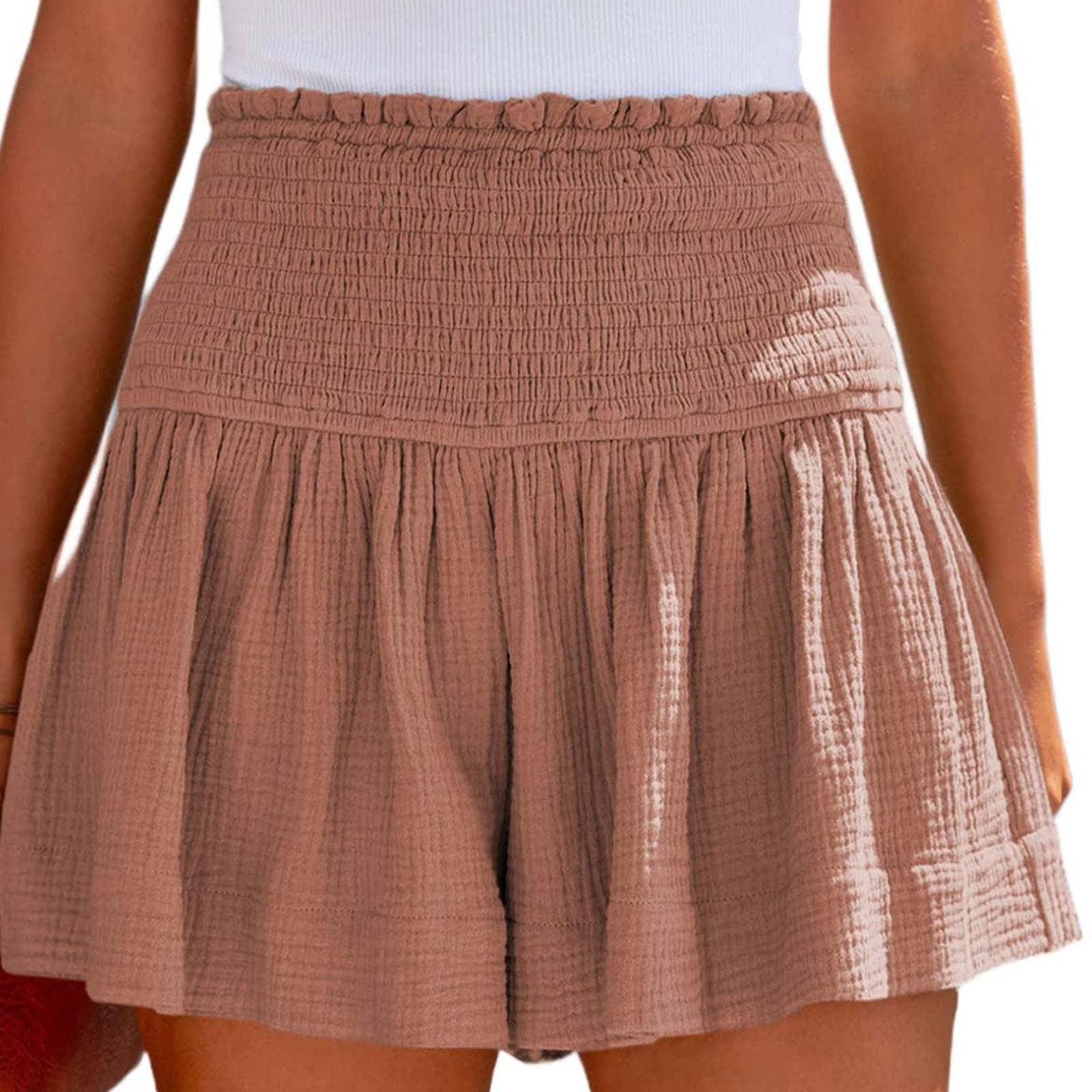JuliaFashion-Elastic Waist Cotton Pleated Ruffle Shorts