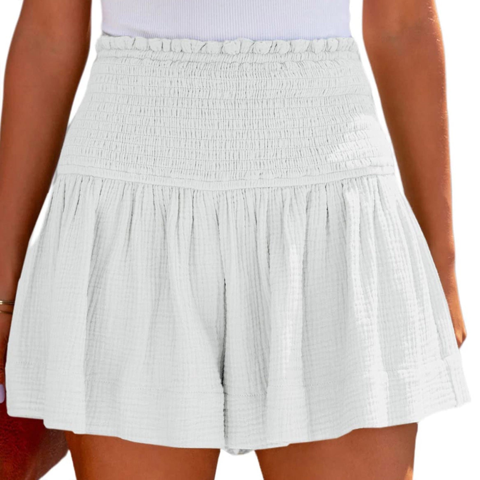 JuliaFashion-Elastic Waist Cotton Pleated Ruffle Shorts