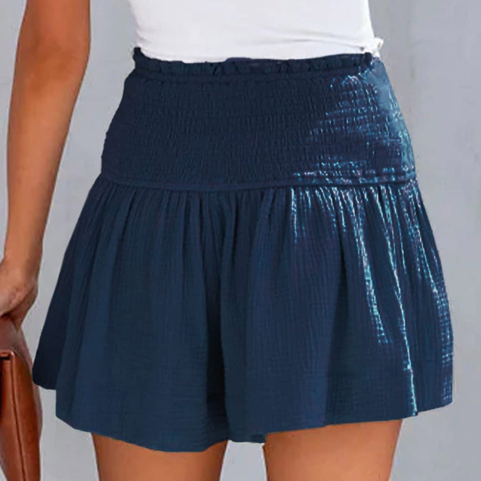 JuliaFashion-Elastic Waist Cotton Pleated Ruffle Shorts