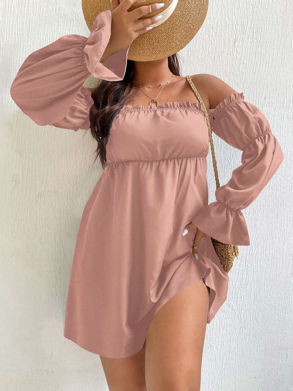 JuliaFashion-Pink Off Shoulder Elegant Tunic Dresses