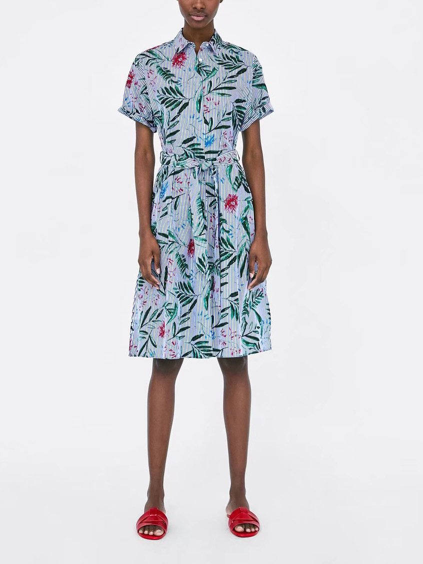 JuliaFashion - Pretty In Stripes Leafy Print Button Down Skater Dress