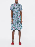 JuliaFashion - Pretty In Stripes Leafy Print Button Down Skater Dress