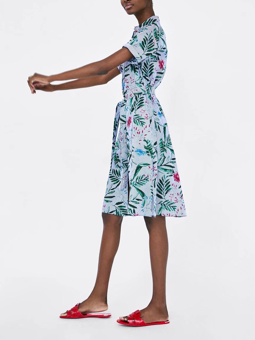 JuliaFashion - Pretty In Stripes Leafy Print Button Down Skater Dress