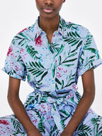 JuliaFashion - Pretty In Stripes Leafy Print Button Down Skater Dress