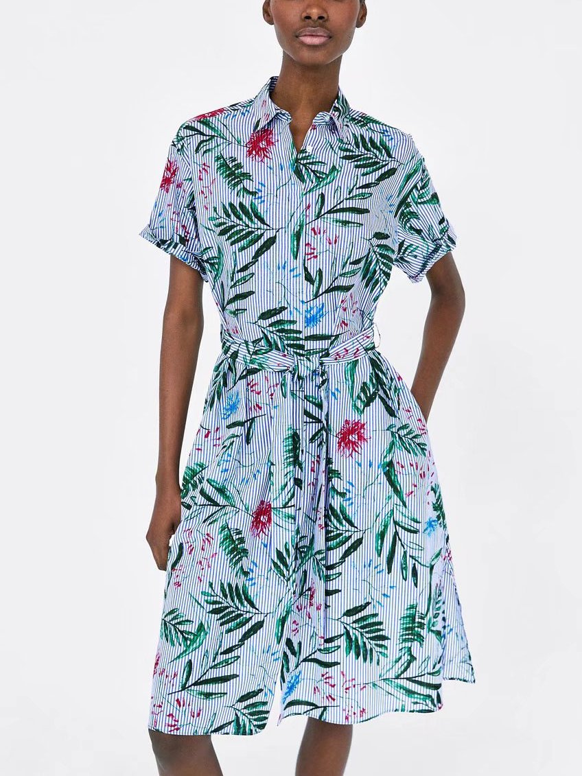 JuliaFashion - Pretty In Stripes Leafy Print Button Down Skater Dress