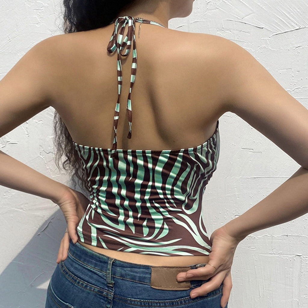 JuliaFashion-Brown V-Neck Halter Cami Tops