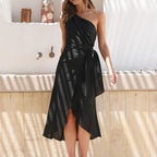 JuliaFashion - Sexy One Shoulder Asymmetrical Solid Midi Prom Dress
