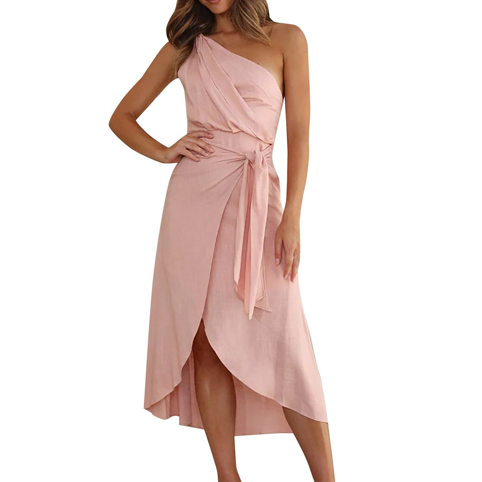 JuliaFashion - Sexy One Shoulder Asymmetrical Solid Midi Prom Dress