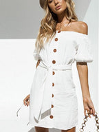 JuliaFashion - Proper Lady Off-The-Shoulder Buttondown Mini Dress