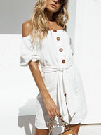 JuliaFashion - Proper Lady Off-The-Shoulder Buttondown Mini Dress