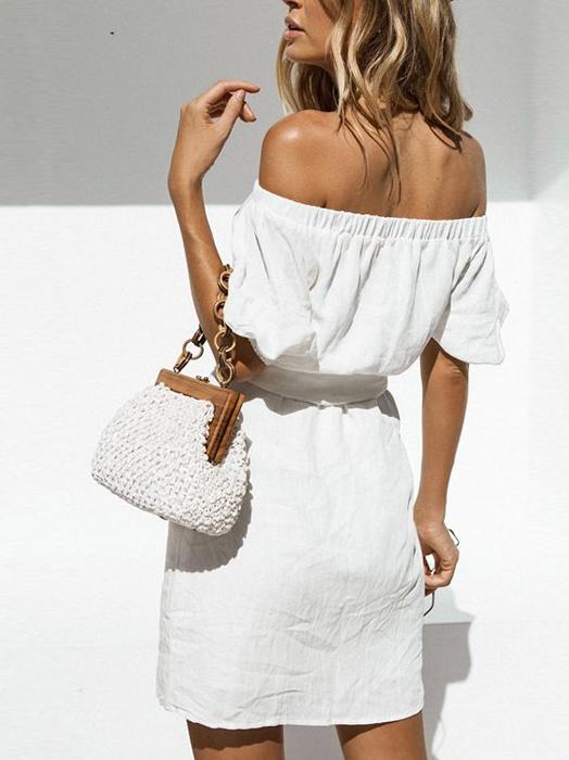 JuliaFashion - Proper Lady Off-The-Shoulder Buttondown Mini Dress