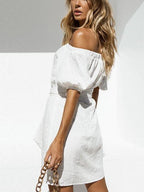 JuliaFashion - Proper Lady Off-The-Shoulder Buttondown Mini Dress