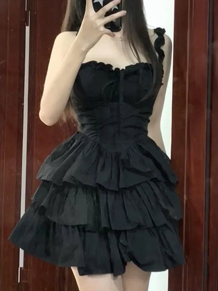 Hrajuku Goth Lolita Kawaii Cute Black Ruffles Soft Girl Y2K Coquette Fashion Cake Party Short Dress
