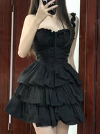 Hrajuku Goth Lolita Kawaii Cute Black Ruffles Soft Girl Y2K Coquette Fashion Cake Party Short Dress