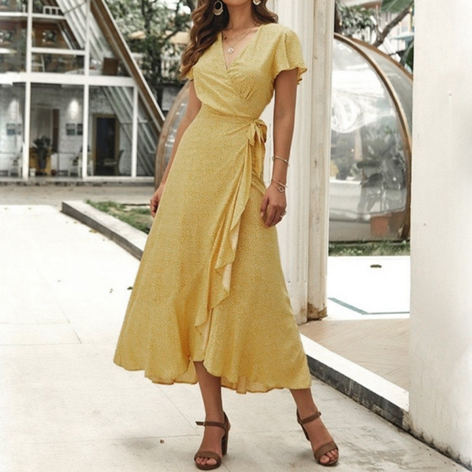 JuliaFashion - Red Dot Print Elegant Beach Midi Dress