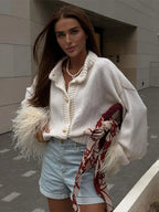 Red Patchwork Feather Long Sleeve O Neck Slim Thick Sweater Cardigan