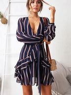 JuliaFashion - Retro Stripe Plunging Neck Ruffle Mini Dress