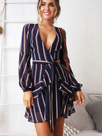 JuliaFashion - Retro Stripe Plunging Neck Ruffle Mini Dress